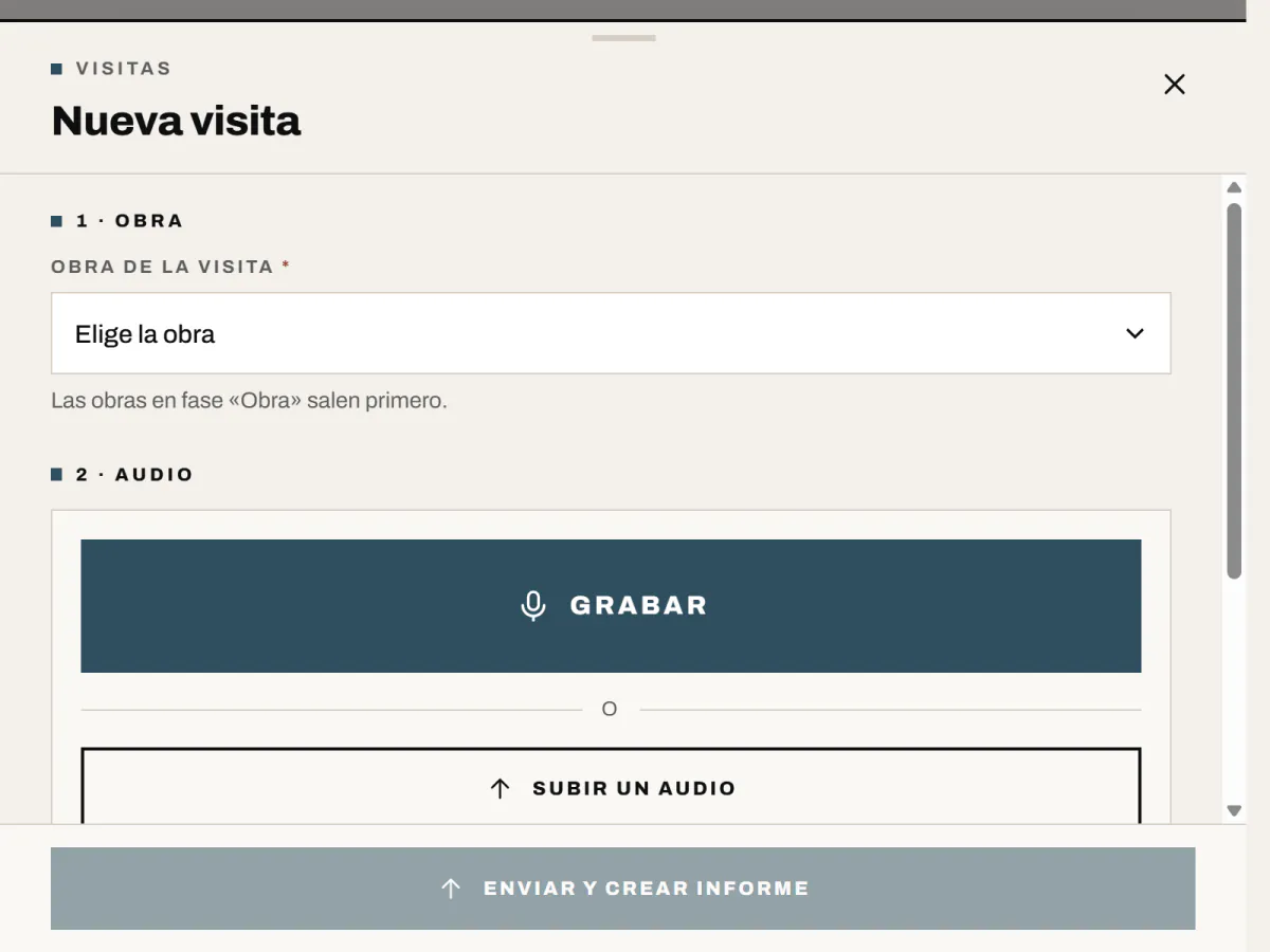 Pantalla de nueva visita del panel del estudio de prueba con los botones para grabar o subir un audio
