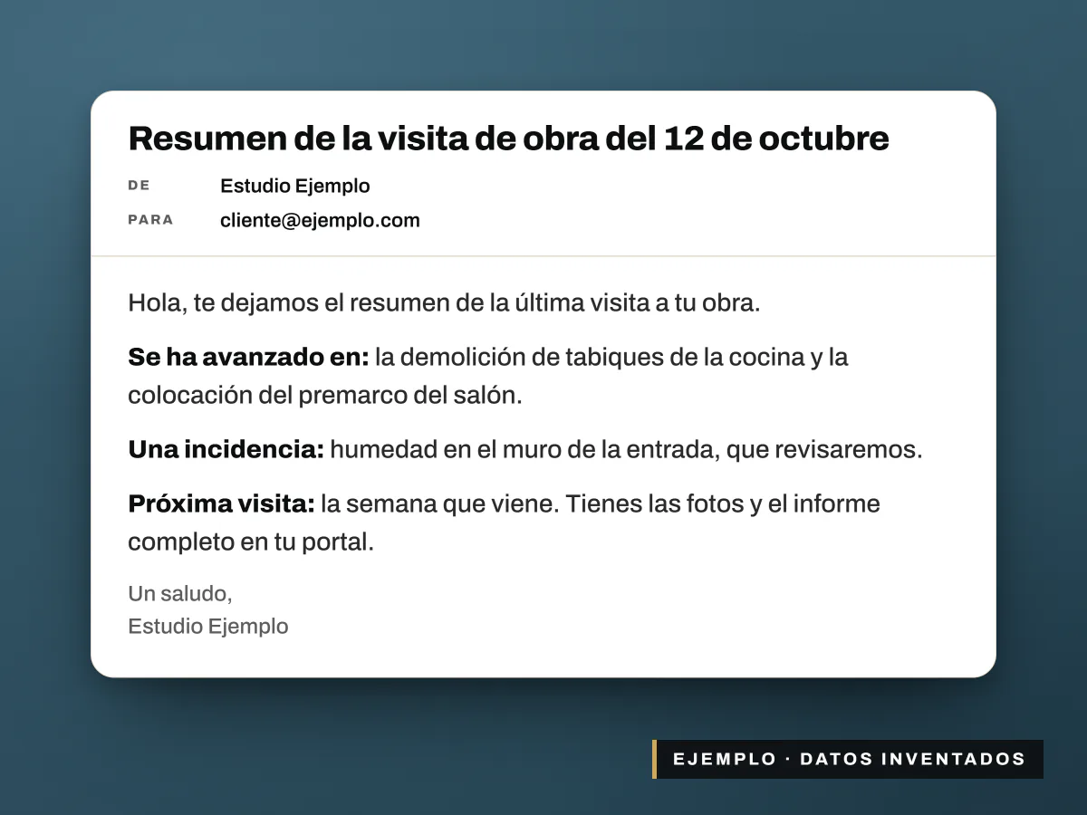Borrador de email de ejemplo con el resumen de la visita de obra para el cliente
