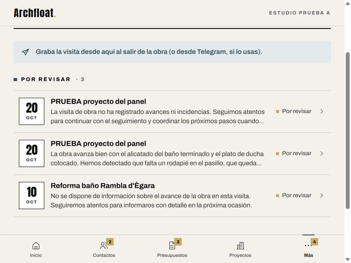 Pantalla de visitas del panel del estudio de prueba con tres visitas por revisar. Datos de ejemplo