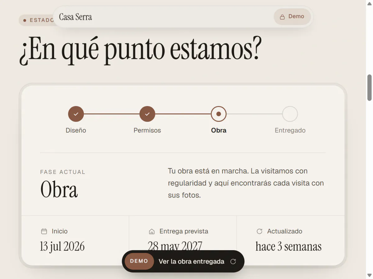 Fases de la obra y fechas clave en el portal de cliente de ejemplo. Demo