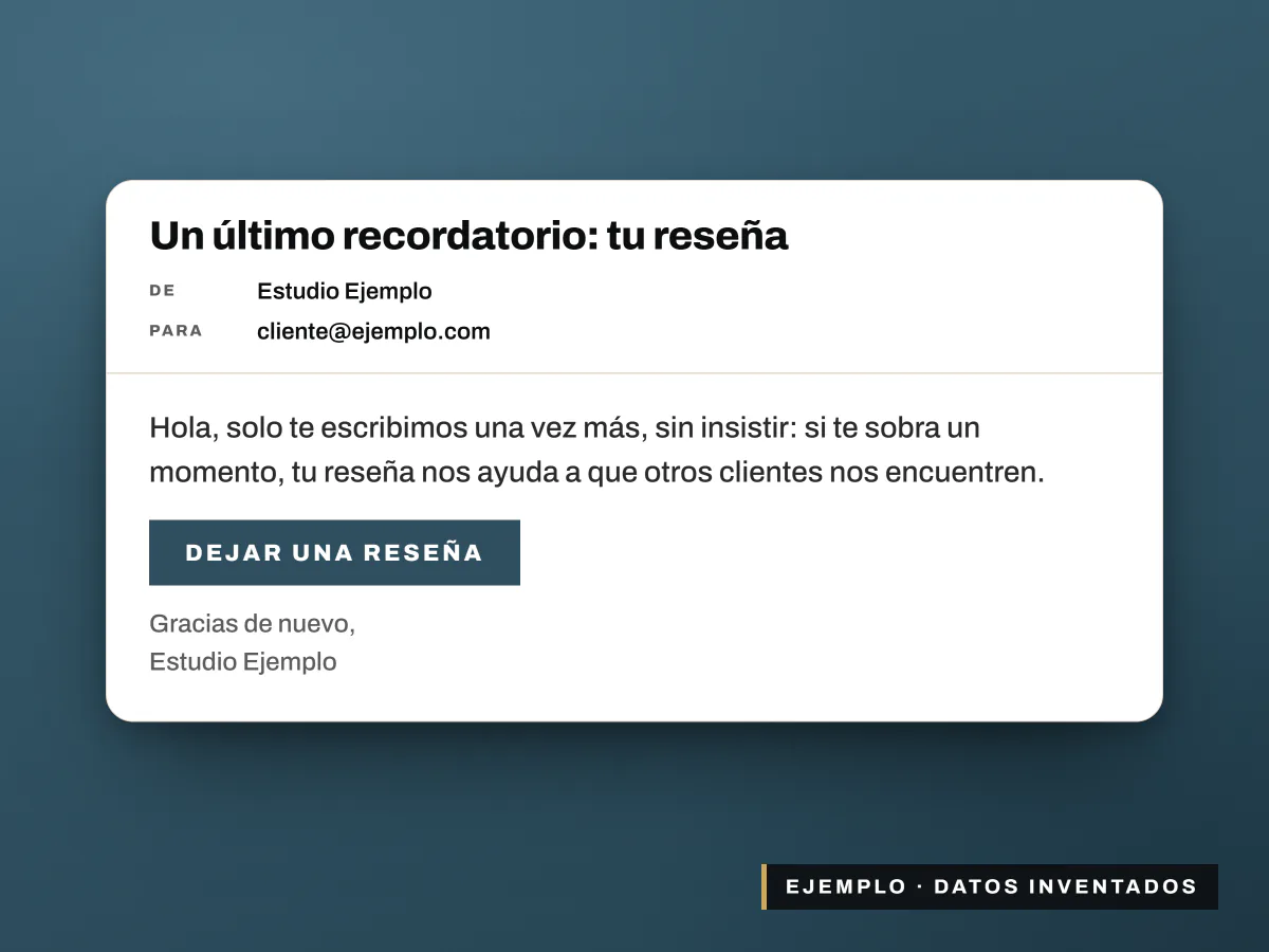Email de ejemplo con un único recordatorio amable para dejar la reseña