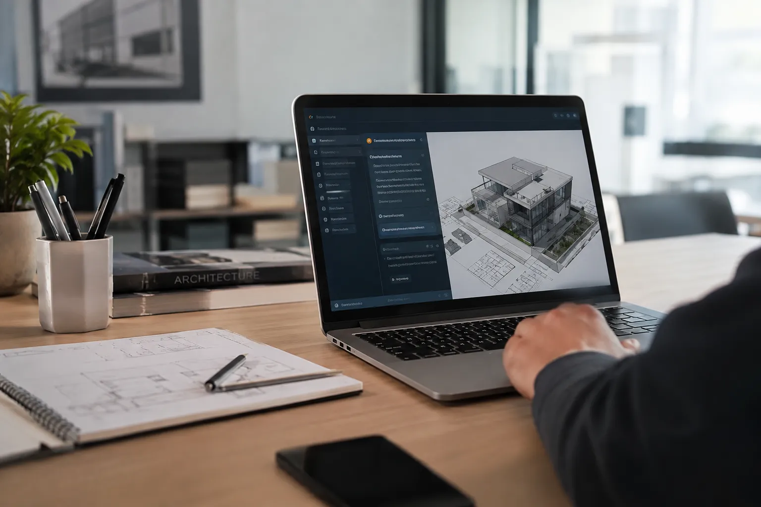 Portátil con un modelo 3D de una vivienda sobre la mesa de un estudio de arquitectura
