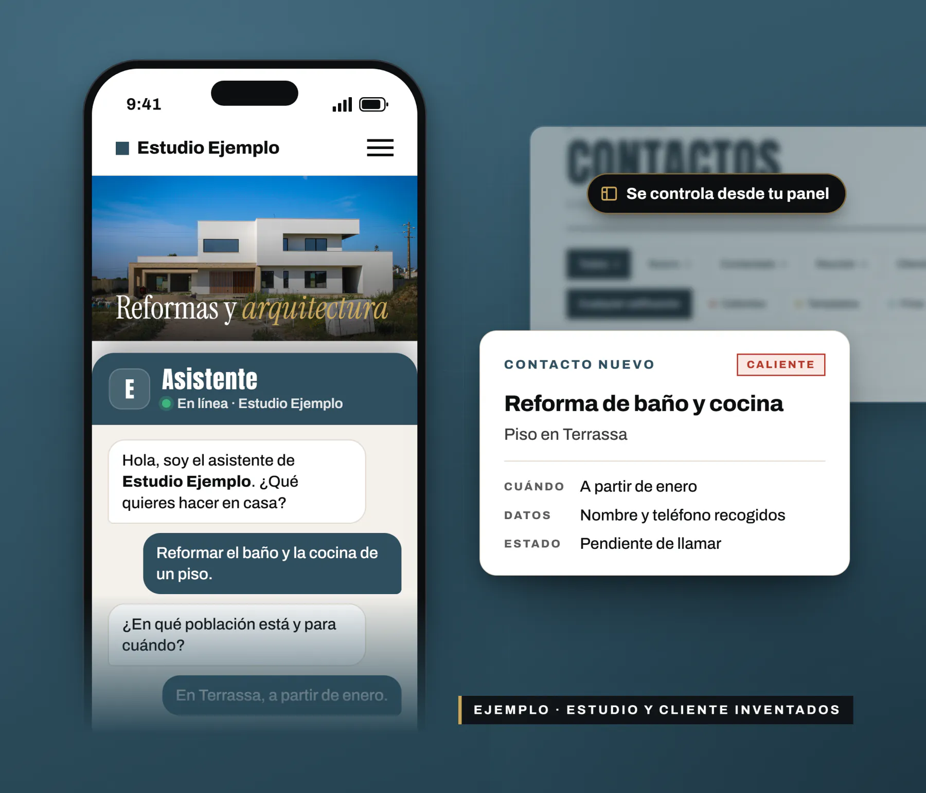 Móvil con la web de un estudio de ejemplo y el chat del asistente recogiendo los datos de un cliente, junto al contacto nuevo que le llega al estudio