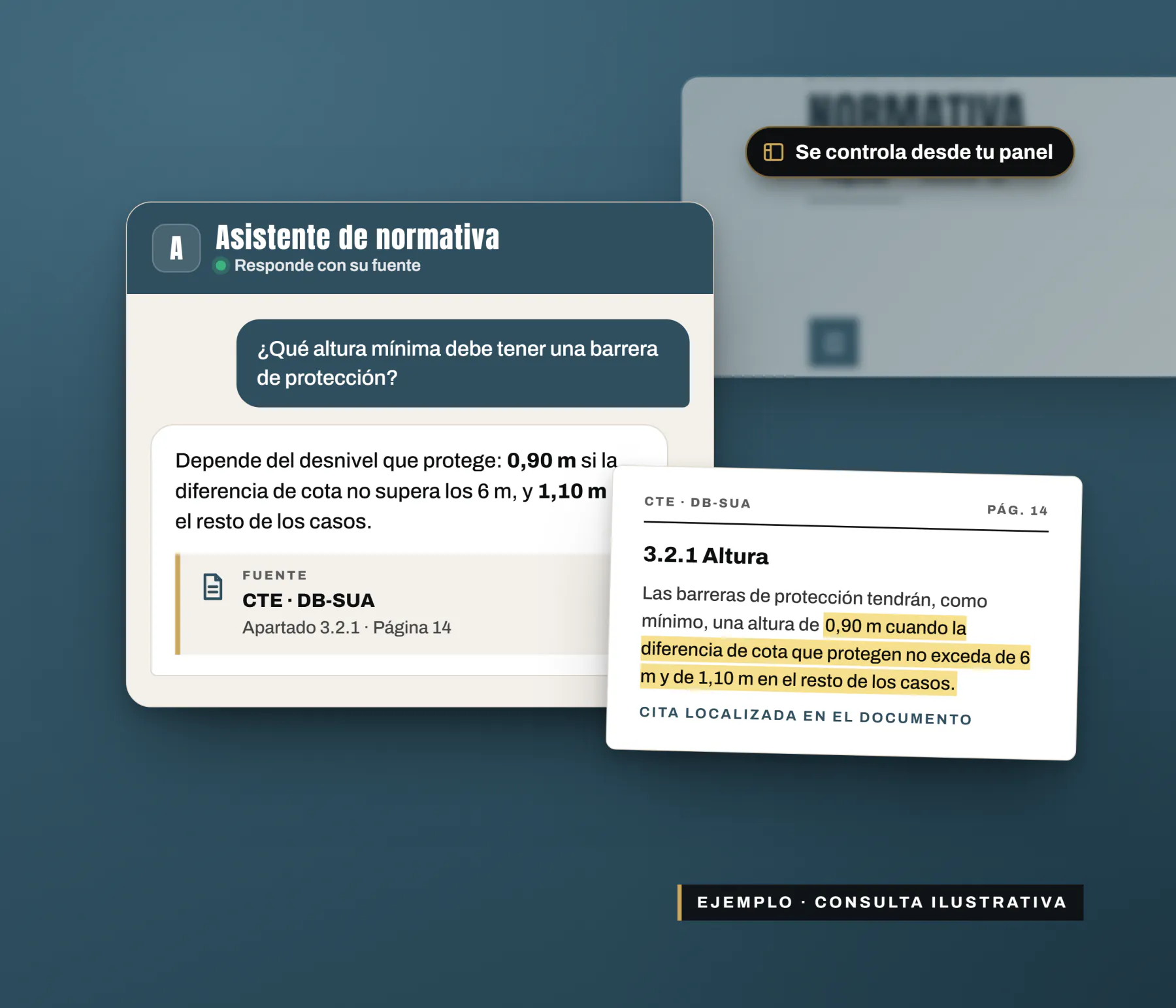 Respuesta del asistente de normativa a una consulta, citando el documento, el apartado y la página, junto al fragmento del documento con la cita resaltada