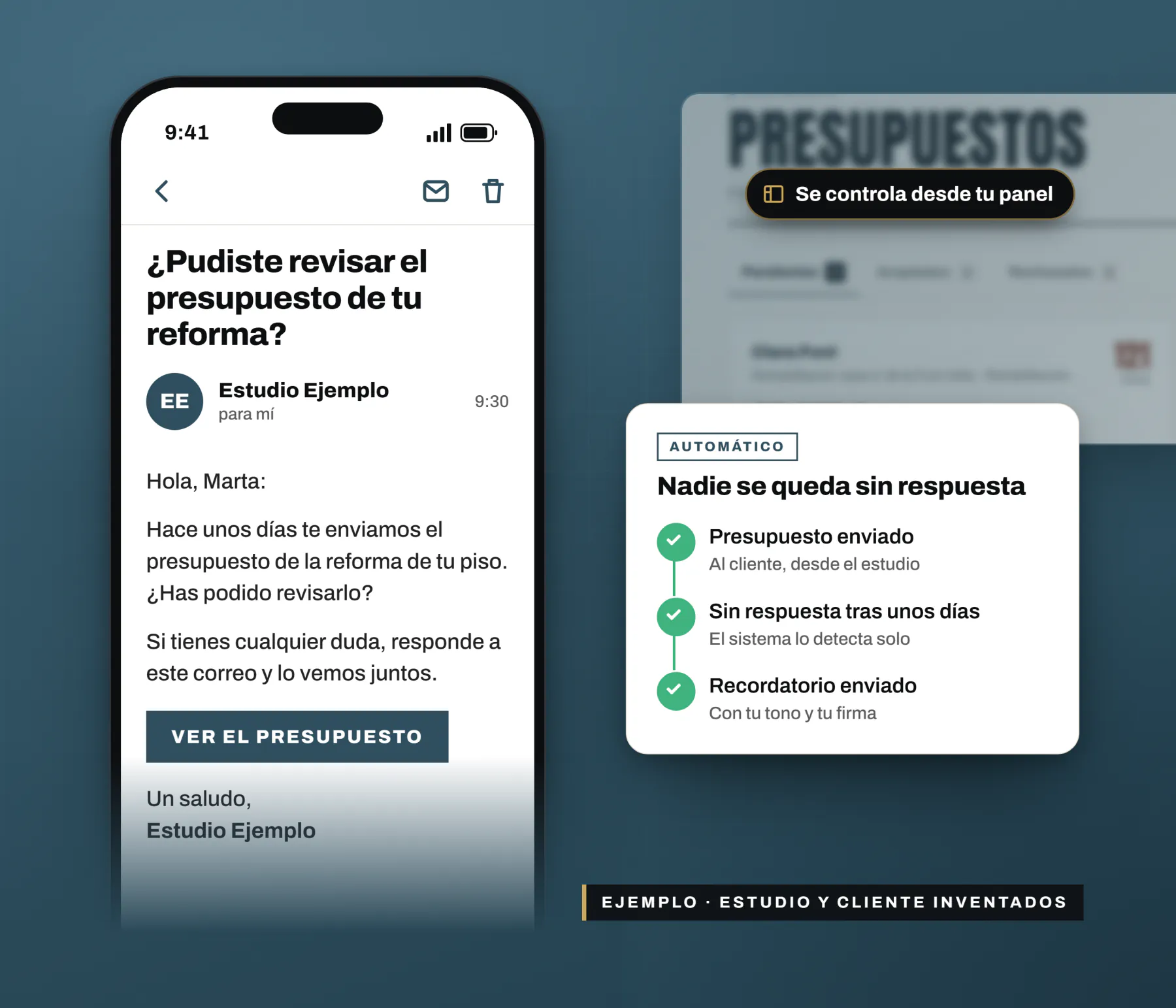 Móvil con el correo de recordatorio que recibe el cliente para revisar su presupuesto, junto a los pasos del seguimiento automático